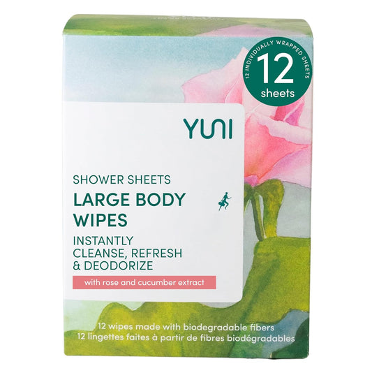 YUNI Beauty Large Body Wipes (Rose Cucumber, 12 Count) Soft Moist Showerless Wipe, Cleanse & Deodorize Waterless Travel Body Cleanser, Biodegradable Individually Wrapped Body Wipe for Camping or Gym