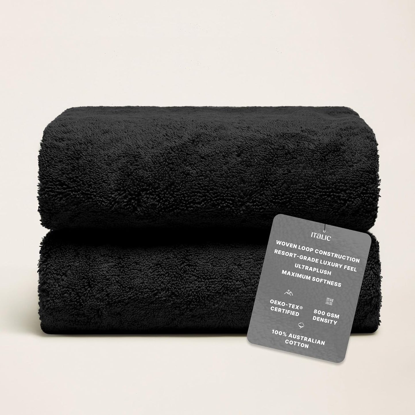 Italic Ultraplush 100% Australian Cotton Towels - Set of 2 Luxury Bath Towels, Quick Dry Plush and Absorbent, Heavy Duty Large Bath Towels, 800GSM Towels for Bathroom & Spa (Black)