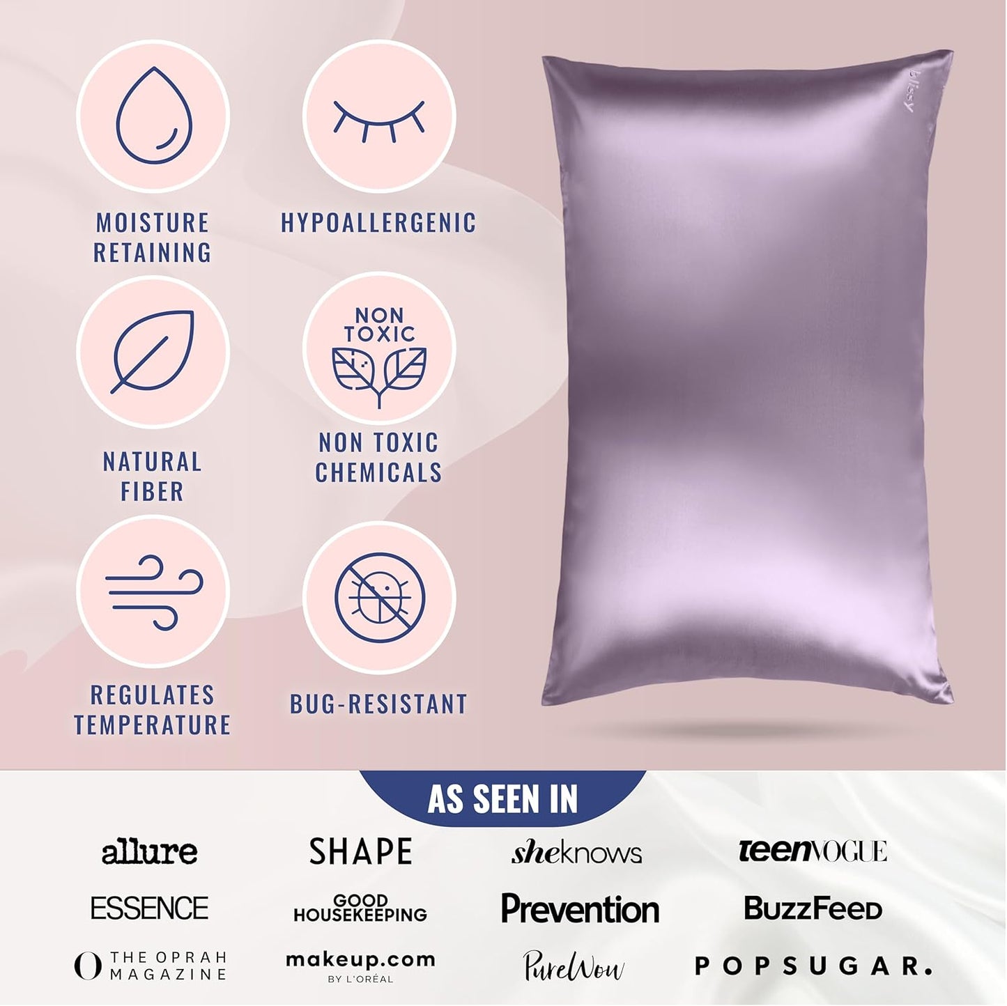 Blissy Silk Pillowcase - 100% Pure Mulberry Silk - 22 Momme 6A High-Grade Fibers - Silk Pillow Cover for Hair & Skin - Regular, Queen & King (Lavender, Standard)