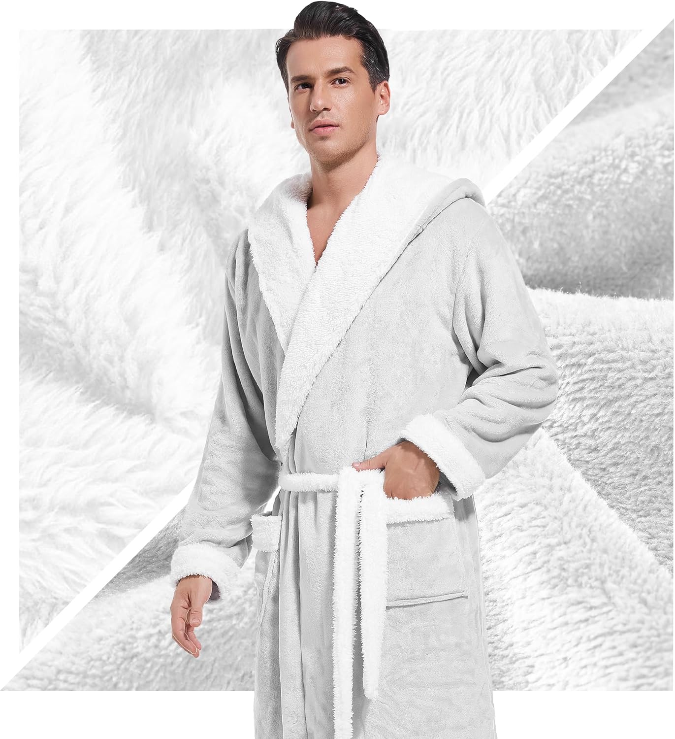 Inner Wish Mens Hooded Robe, Plush Long Bath robes Cozy Warm Bathrobe Fuzzy male Spa Robe With Pockets