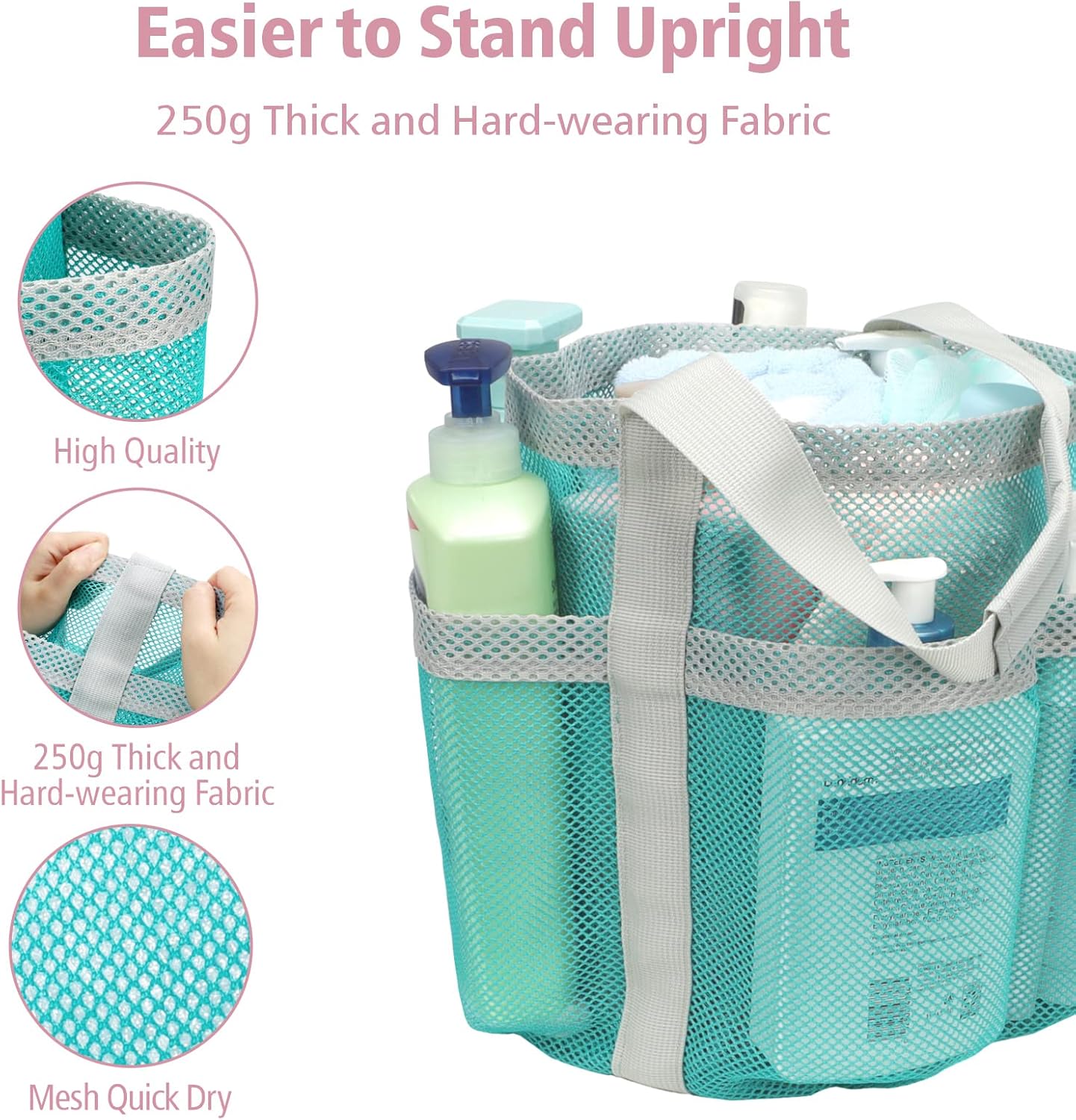 F-color Mesh Shower Caddy Portable, Large Capacity Shower Bag Basket Tote for College Dorm Room Toiletry Gym Rv Essentials, Bathroom with S Hook, Mint Green