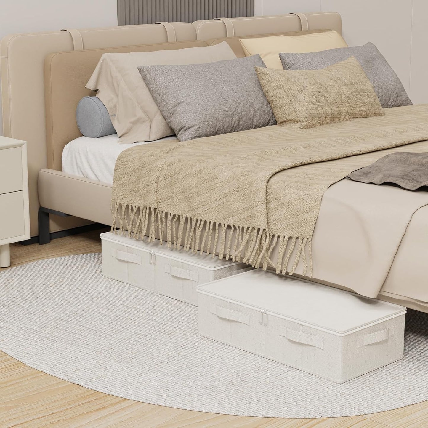 Underbed Storage Container, Foldable Under Bed Bins, Wardrobe Organisers with Lid for Organizing Clothes, Sheets, Blankets, Comforter, 23.6x11.8x5.9in, Beige, 2 Pack