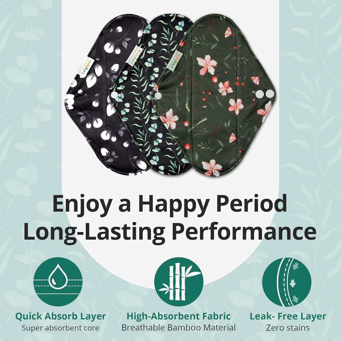 Langsprit Absorbent Reusable Menstrual Sanitary Pads/Washable Cloth Menstrual Period Pads,Reusable Panty Liners(Winter,L)