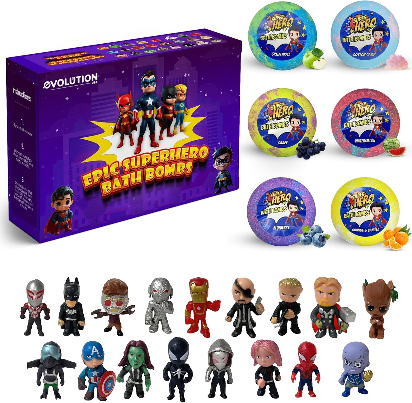 EvolutionUSA Purple Epic Superhero Bath Bombs for Kids, 6 Super Hero Bath Bombs with Toy Inside, Lush Childrens Bathbombs, Organic Bathbomb with Surprise Inside, Fizzy Fun Superhero Bath Balls