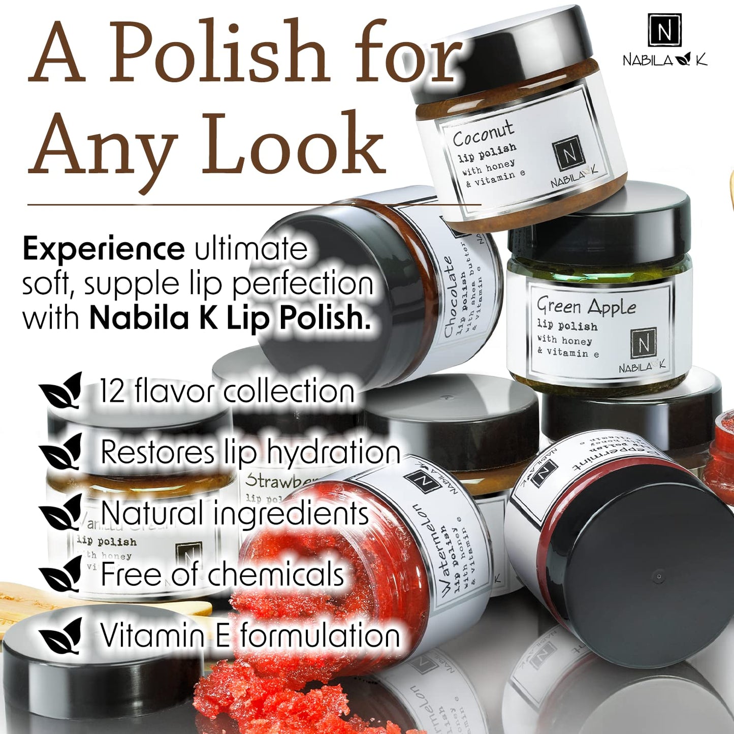 Chocolate Lip Polish, 1 oz by Nabila K - Hydrating Lip Exfoliator & Moisturizer with Shea Butter and Vitamin E for Dry and Chapped Lips - Cruelty-Free, Real Sugar, Made in USA