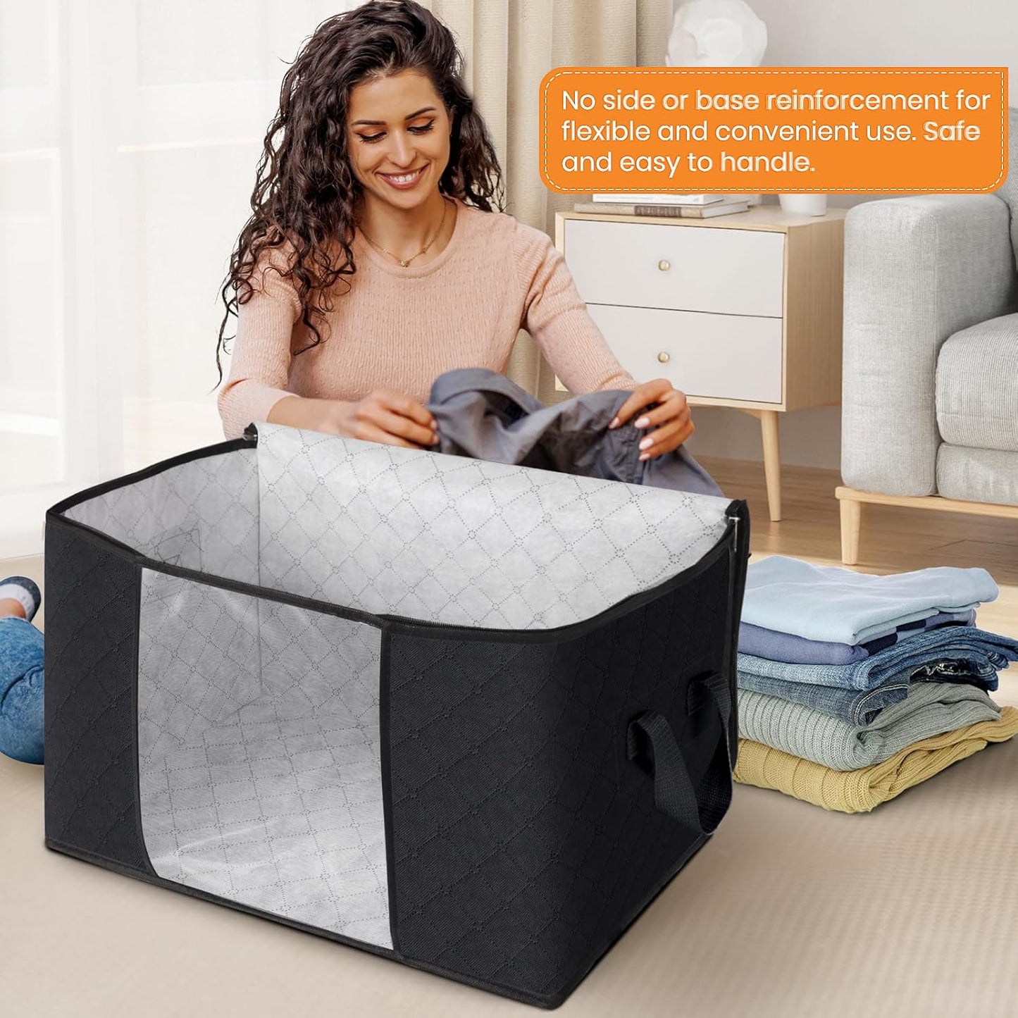 Fab totes 24 Gallons Clothes Storage, Foldable Thick Fabric Blanket Storage Bags, Containers for Organizing Bedroom, Closet, Clothing, Comforter, Organization with Handle (4 Pack,Black)