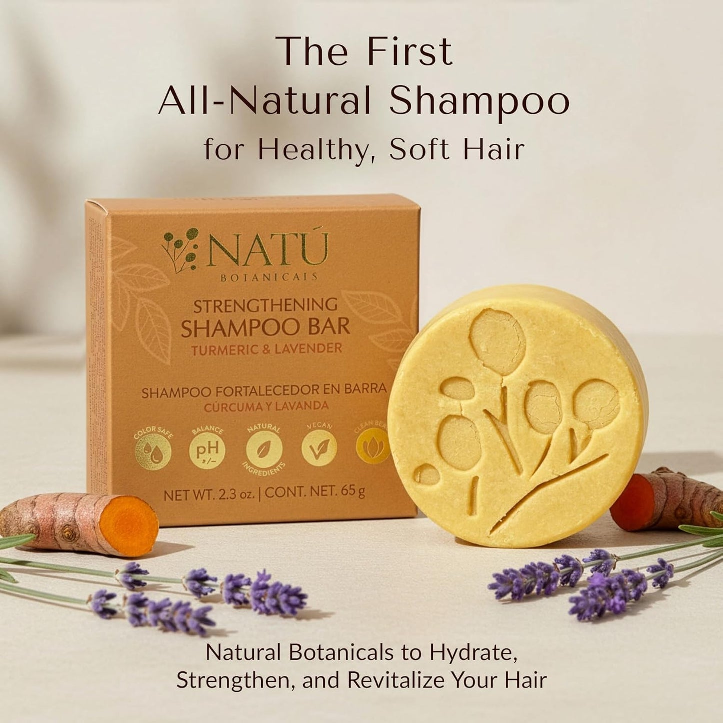 NATÚ BOTANICALS Strengthening Solid Shampoo Bar – Turmeric & Lavender - Clarifying Shampoo with Tea Tree Oil For Scalp - Moisturizes, Strengthens & Soothes Hair & Scalp - Sulfate & Paraben-Free, 2.3oz