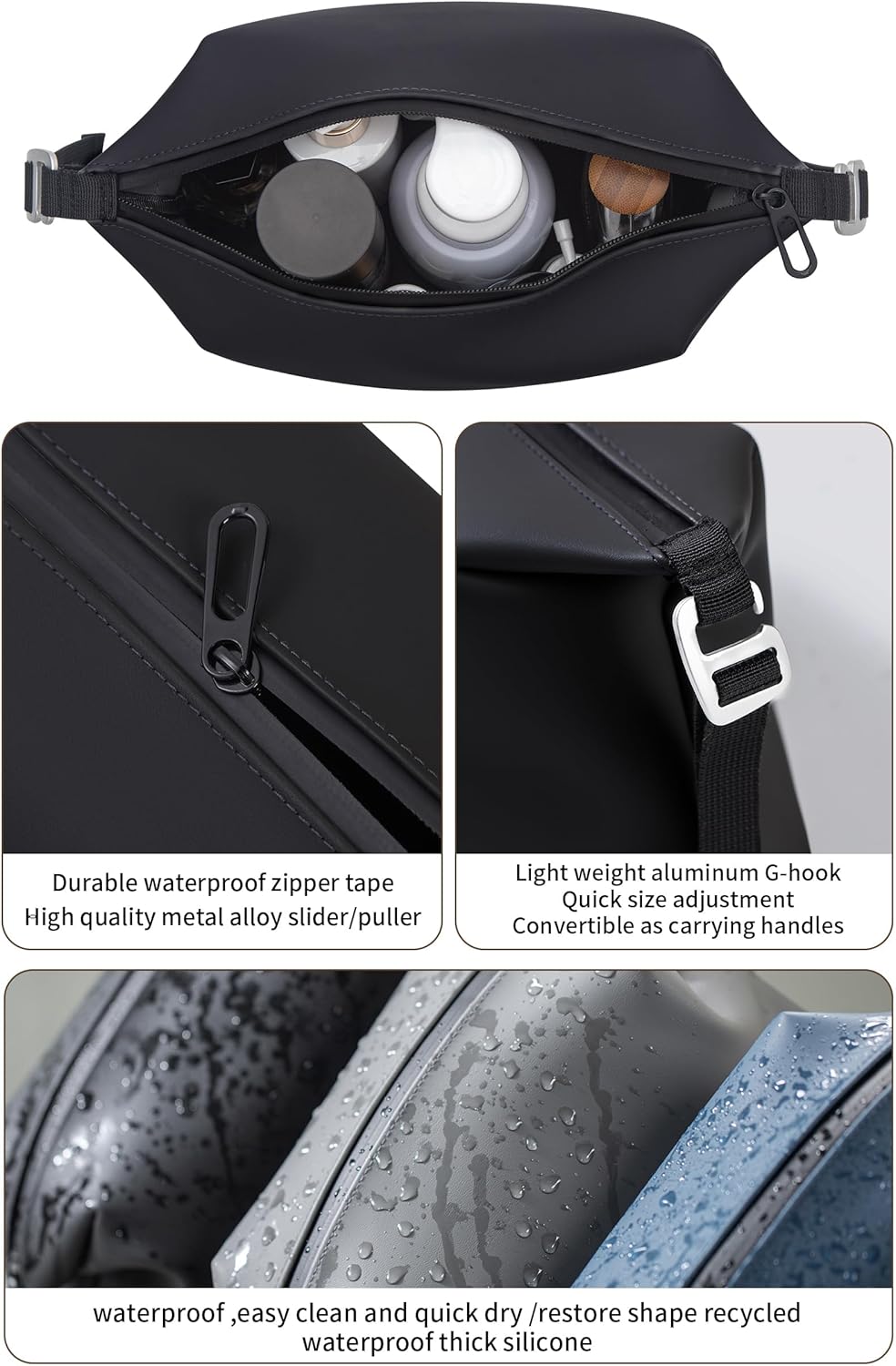 6"x 11" 6L Large Silicone Toiletry Bag,Waterproof Leakproof Foldable Travel Organizer,Dopp Kit Alternative for Men & Women,Black