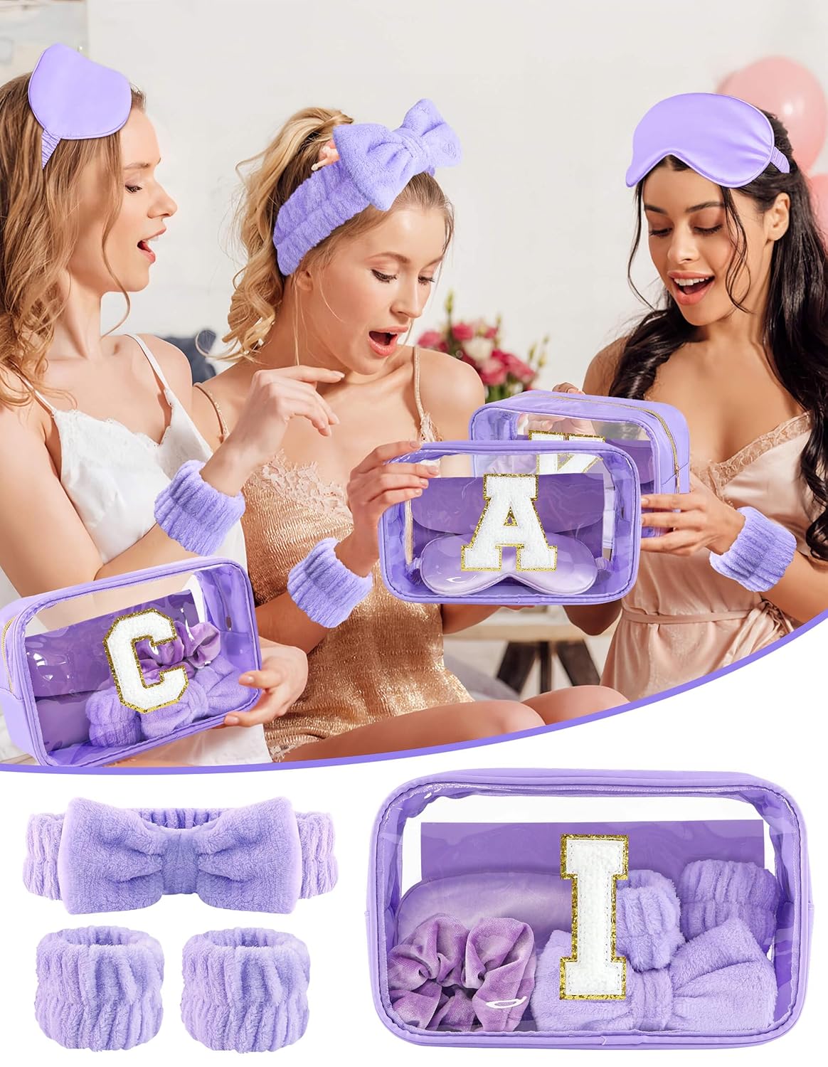 Gift Sets for Women, Initial Makeup Bag with Makeup Brush Set Bachelorette Party Favors, Purple Spa Kit with Skincare Headbands Wrist Bands Sleepover Party Supplies Gifts for Teen Girls Bridesmaid I