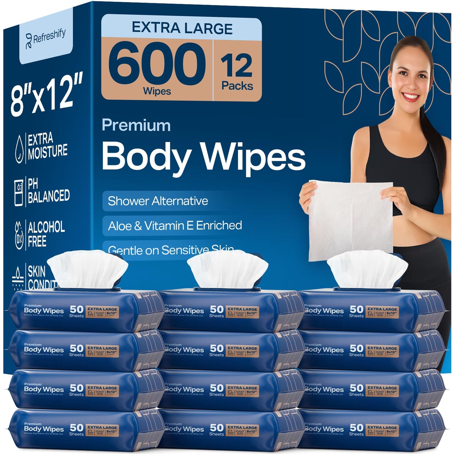 Extra Large Shower Body Wipes for Adults 8" x 12" (600 count) + 12 Travel Packs | Adult Wipes for Elderly, Bathing No Rinse, Vitamin E and Aloe, 12 Packs of 50