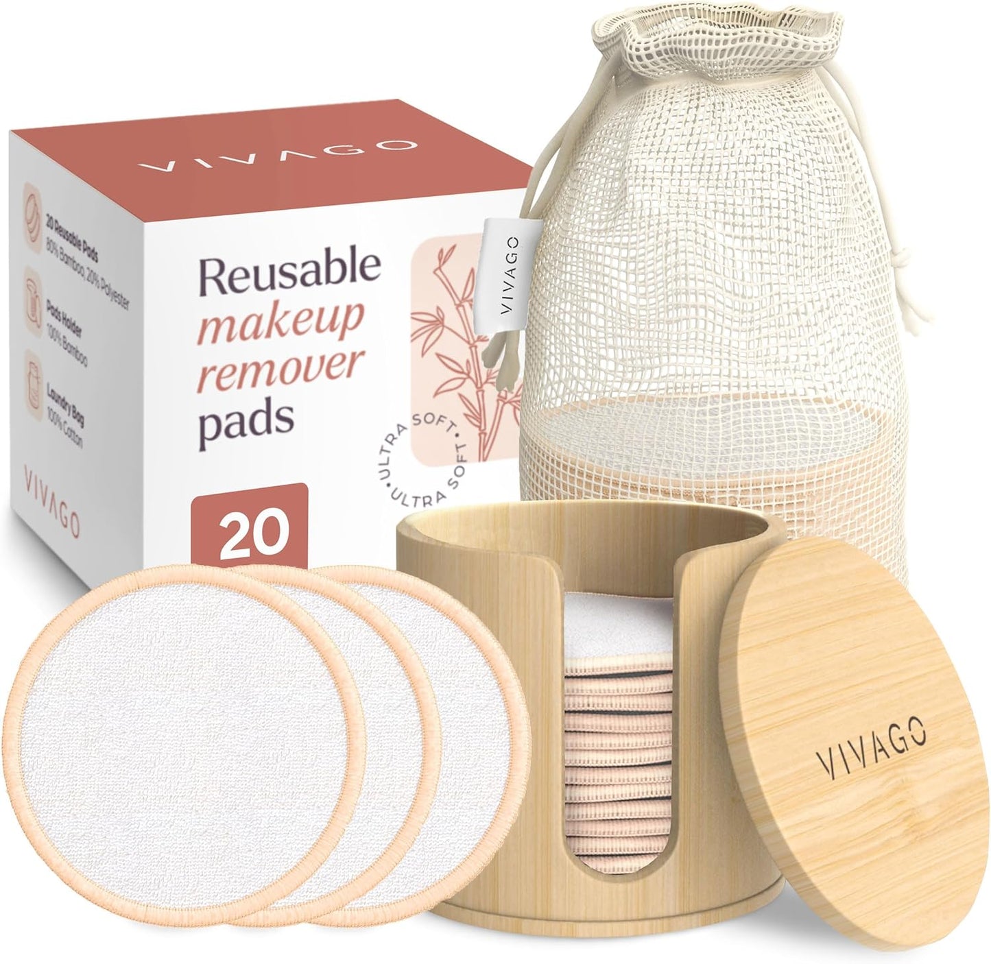 Reusable Cotton Rounds for Face - (20 Pack) Soft Reusable Makeup Remover Pads with Washable Drawstring Laundry Bag & Bamboo Holder - All Skin Type Skincare Set Facial Cleaning Cloth