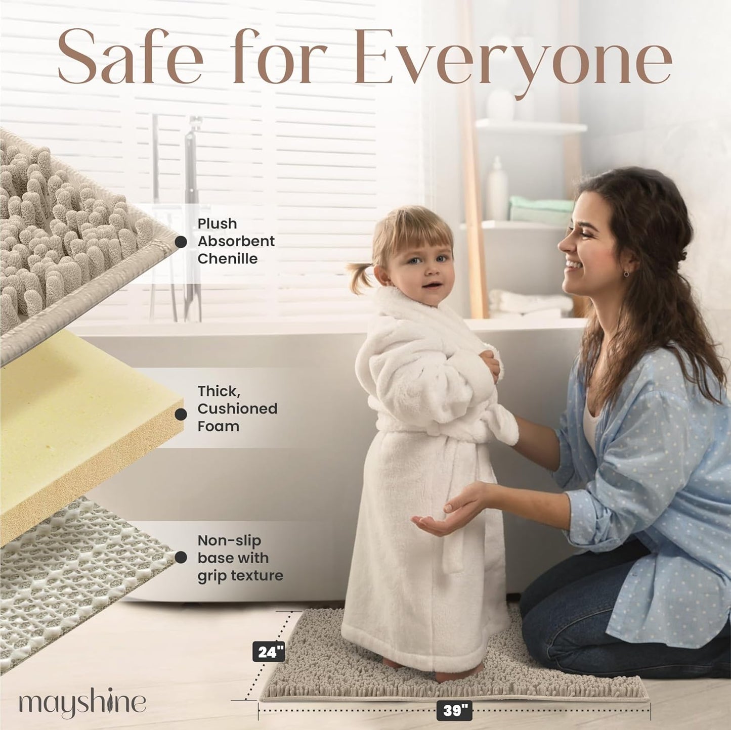 MAYSHINE Plush Shaggy Chenille Bath Mat | Extra Soft, Super Absorbent, Non-Slip Bathroom Rug | Fluffy Microfiber, Area Rug Sets for Bathroom Floor, Kitchen, Living Room | 39"x24" | Beige