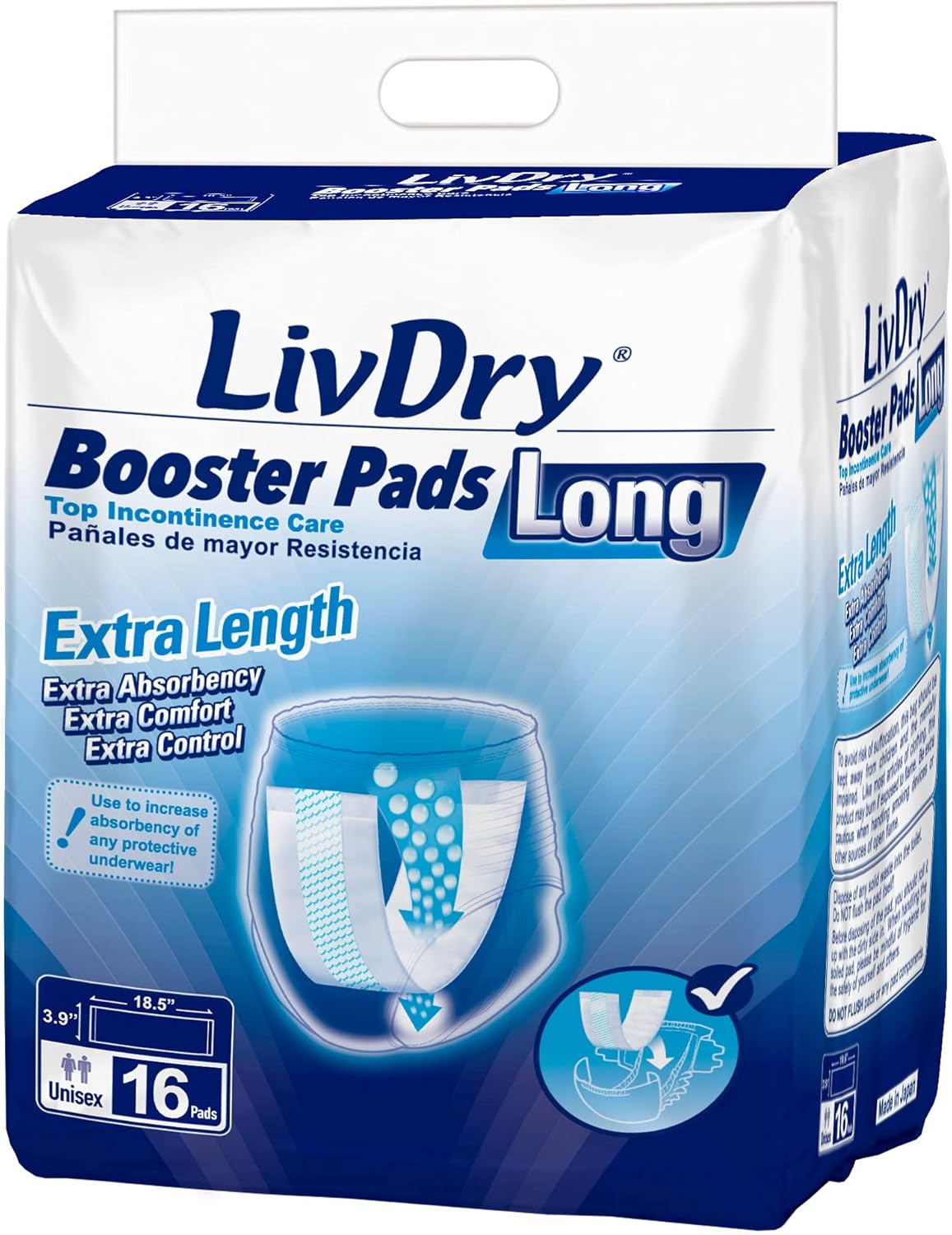 LivDry Incontinence Booster Pads, Use with Adult Diapers for Women and Men, Extra Comfort Softness, Disposable Pad (16 Count, Long Length)
