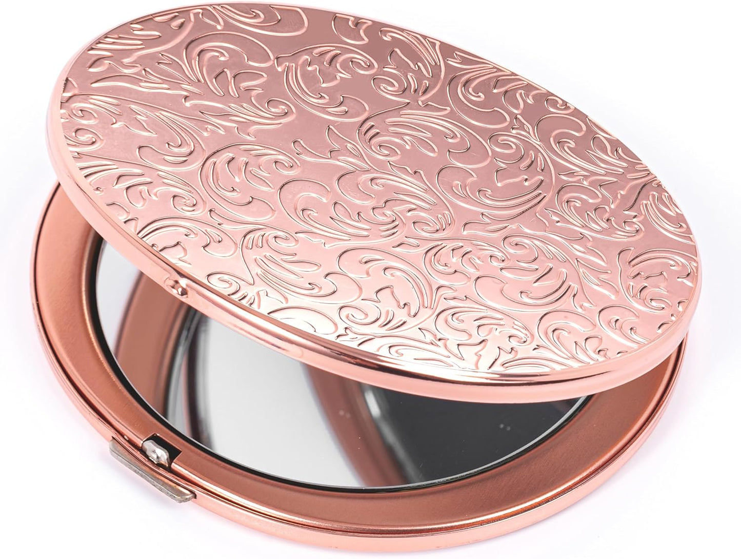 Portable Compact Metal Folding Makeup Mirrors, Beautiful and Elegant,1X/2X Magnifier. (Rose Gold)