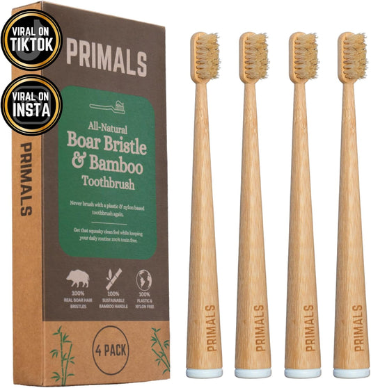 PRIMALS Boar Bristle & Bamboo Toothbrush (4-Pack) - Premium Boar Bristles - Fully Biodegradable - Plastic & Nylon Free - Quick Dry Design