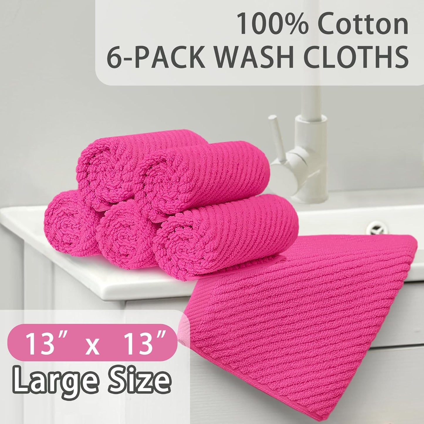 VOOVA & MOVAS Pink Washcloths (6PC, 13"x13") - 100% Cotton | Lightweight | Thick | Quick Dry | Soft | Absorbent, Luxury Towels for Face, Fluffy Wash Cloths for Bathroom, Towel Gift Set, Hot Pink