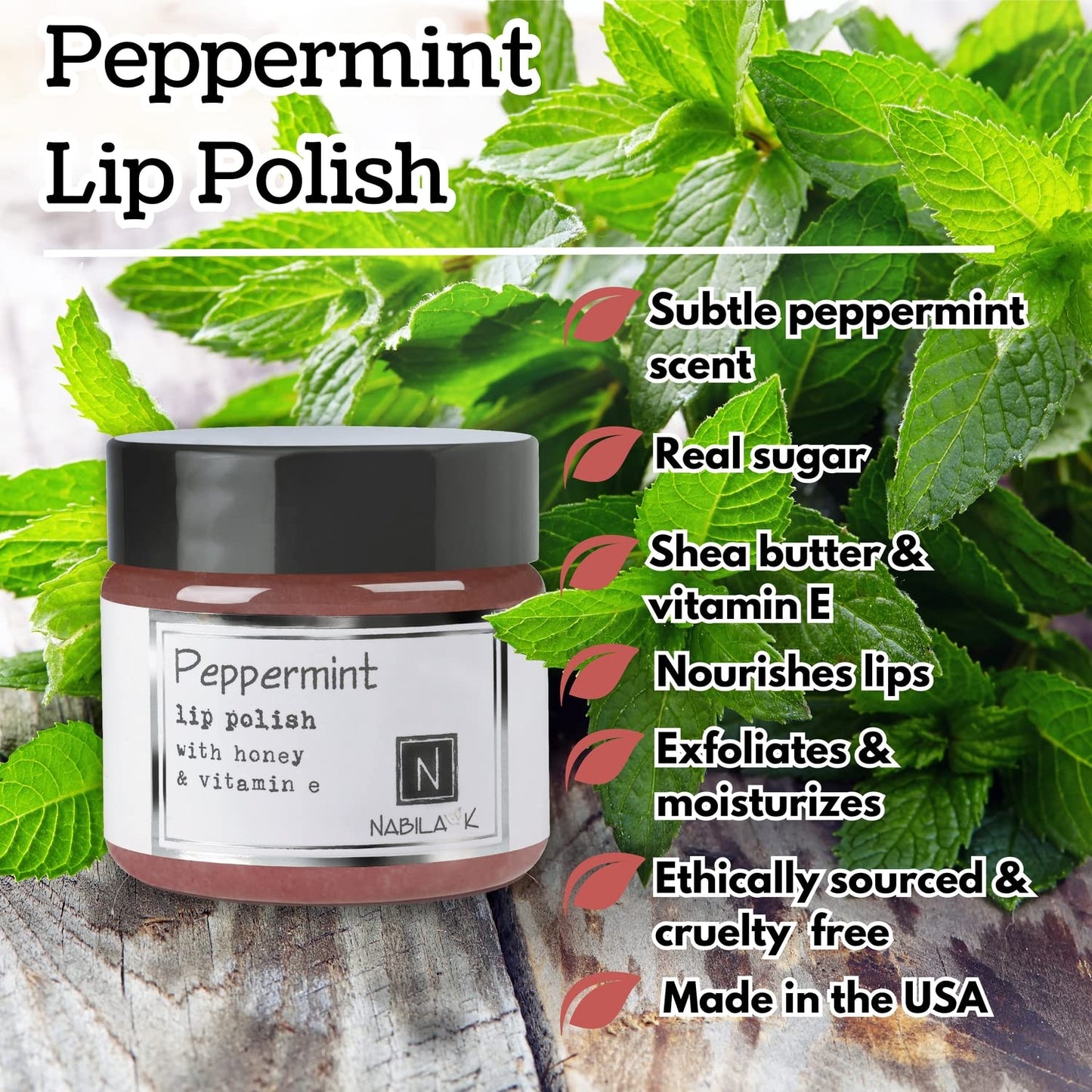 Peppermint Lip Polish, 1 oz by Nabila K - Hydrating Lip Exfoliator & Moisturizer with Honey and Vitamin E for Dry and Chapped Lips - Cruelty-Free, Real Sugar, Made in USA