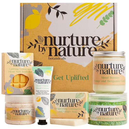 Nurture by Nature RELAX & UPLIFT Spa Kit for Women – Birthday Gifts for Women – 6 Piece Gift Basket with Hand Soap, Body Scrub, Hand Cream & More - Vegan Self Care Kit - Relaxation Gifts for Her