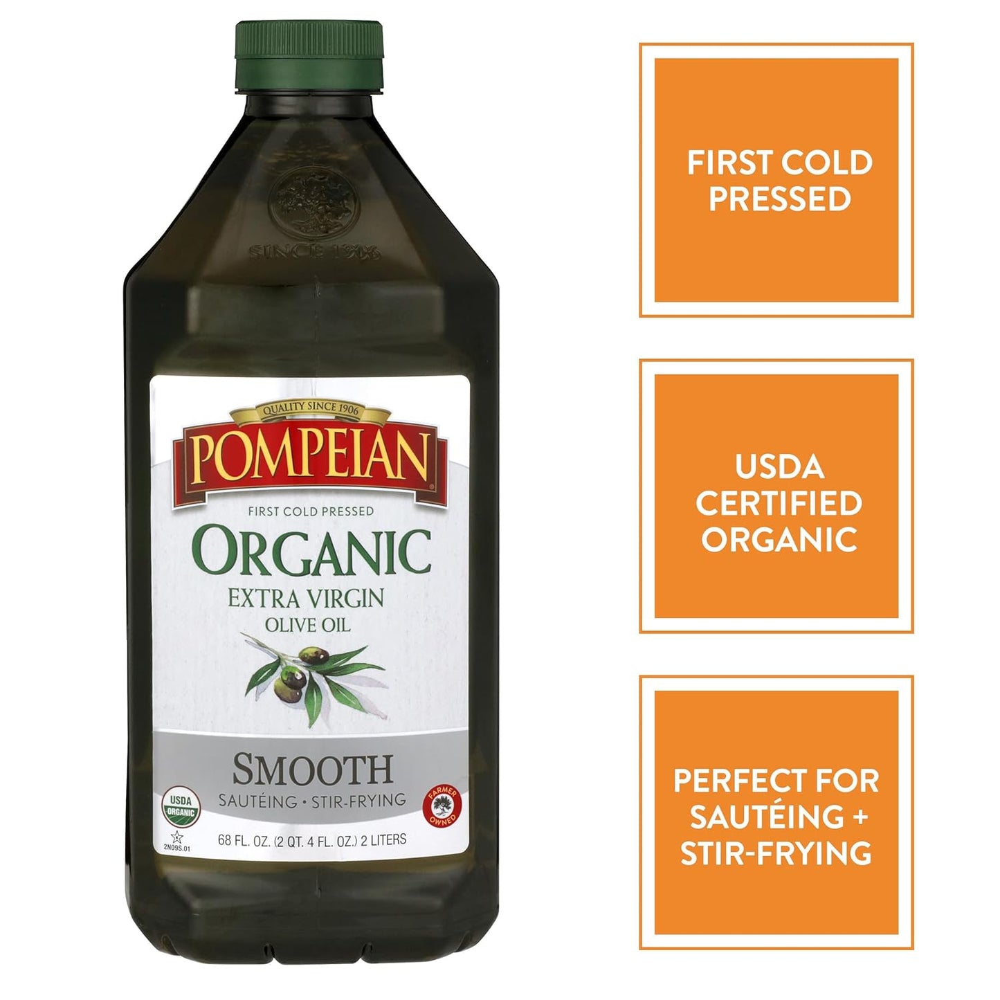 Pompeian USDA Organic Smooth Extra Virgin Olive Oil, Contains Polyphenols, First Cold Pressed, 68 Fl Oz