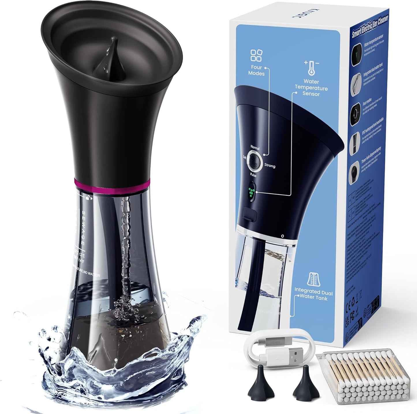 Upgraded Ear Wax Removal with One-Piece Waste Tank, Safe Ear Cleaner with Water Temperature Sensor, Effective Ear Irrigation Kit, IPX7, Slate Rose