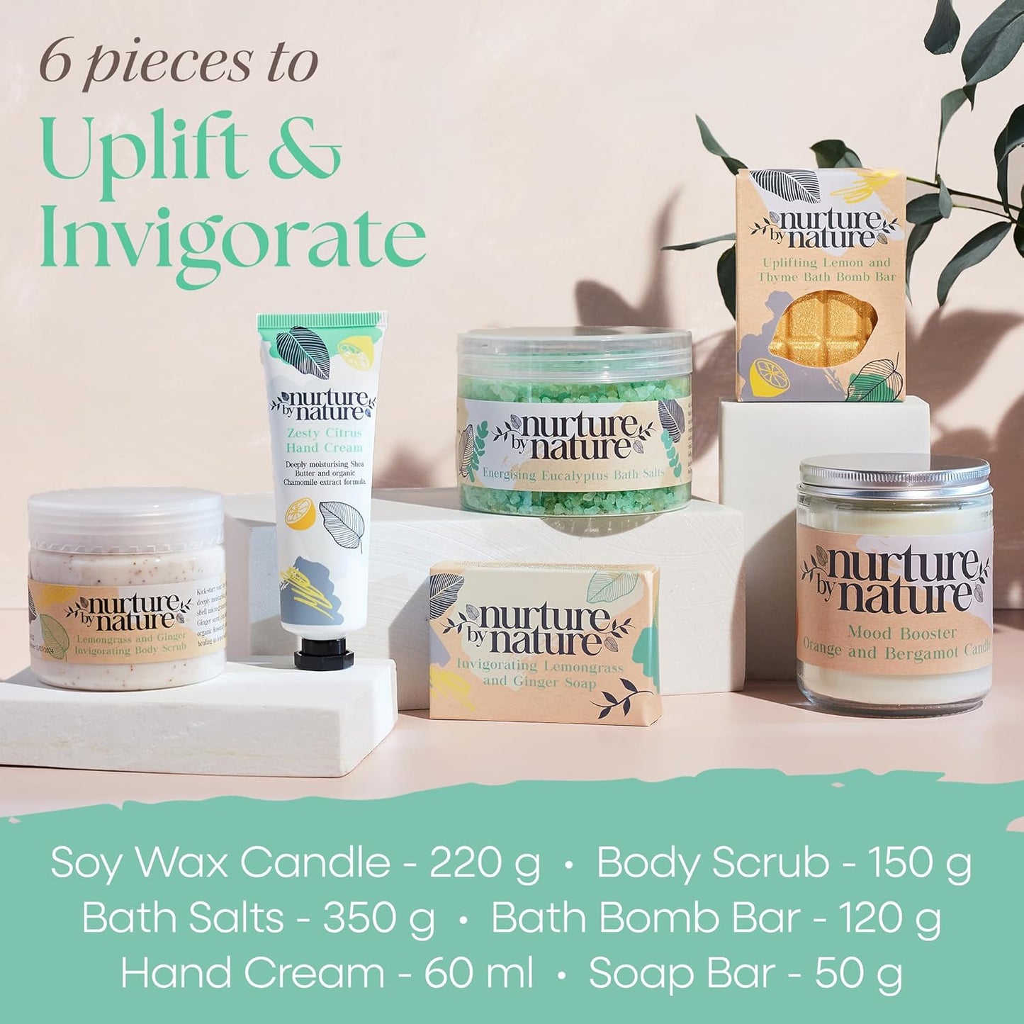 Nurture by Nature RELAX & UPLIFT Spa Kit for Women – Birthday Gifts for Women – 6 Piece Gift Basket with Hand Soap, Body Scrub, Hand Cream & More - Vegan Self Care Kit - Relaxation Gifts for Her