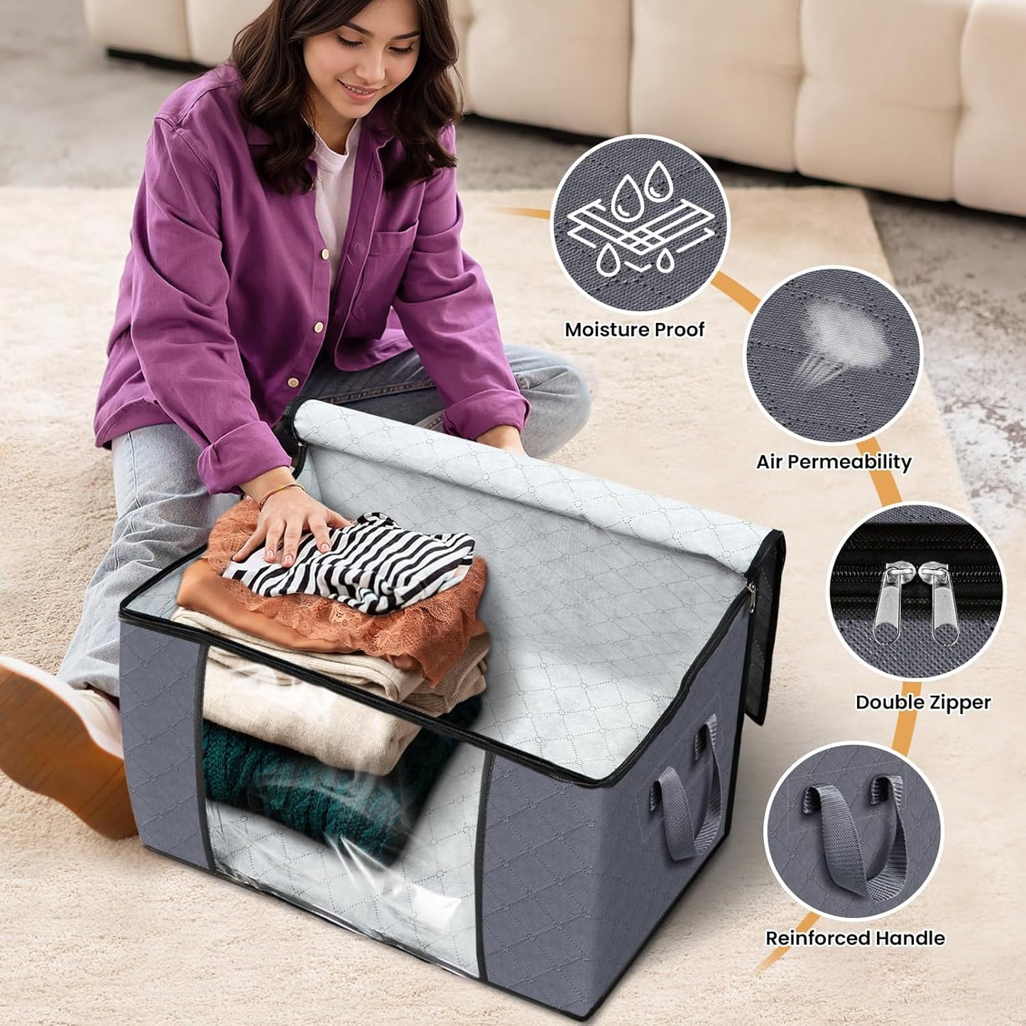 Fab totes 24 Gallons Clothes Storage, Foldable Thick Fabric Blanket Storage Bags, Containers for Organizing Bedroom, Closet, Clothing, Comforter, Organization with Handle (10 Pack,Grey)