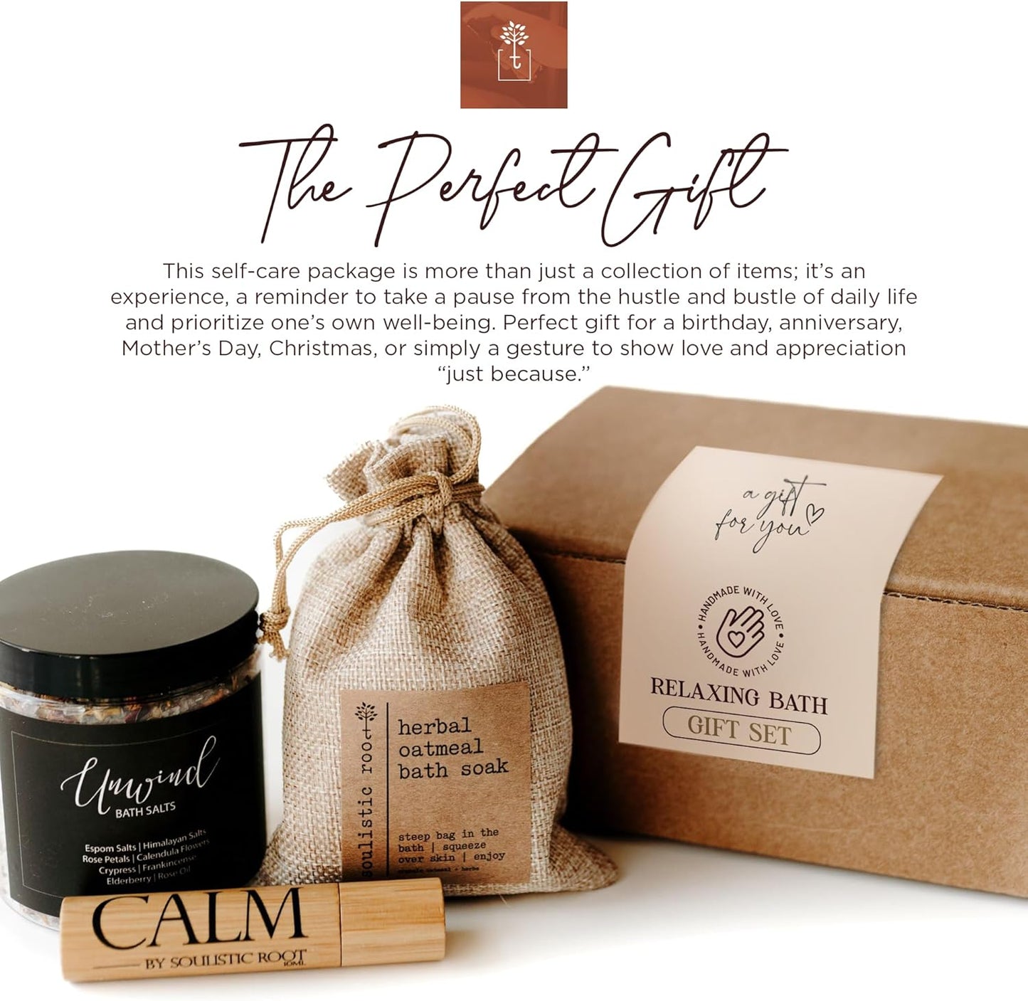 Soulistic Root Relaxing Bath Gift Set, Luxury Spa Gifts for Women, Self Care Products for Women and Men, Calm Essential Oil Roller, Oatmeal Lavender Bath Soak & Epsom Salts with Essential Oils