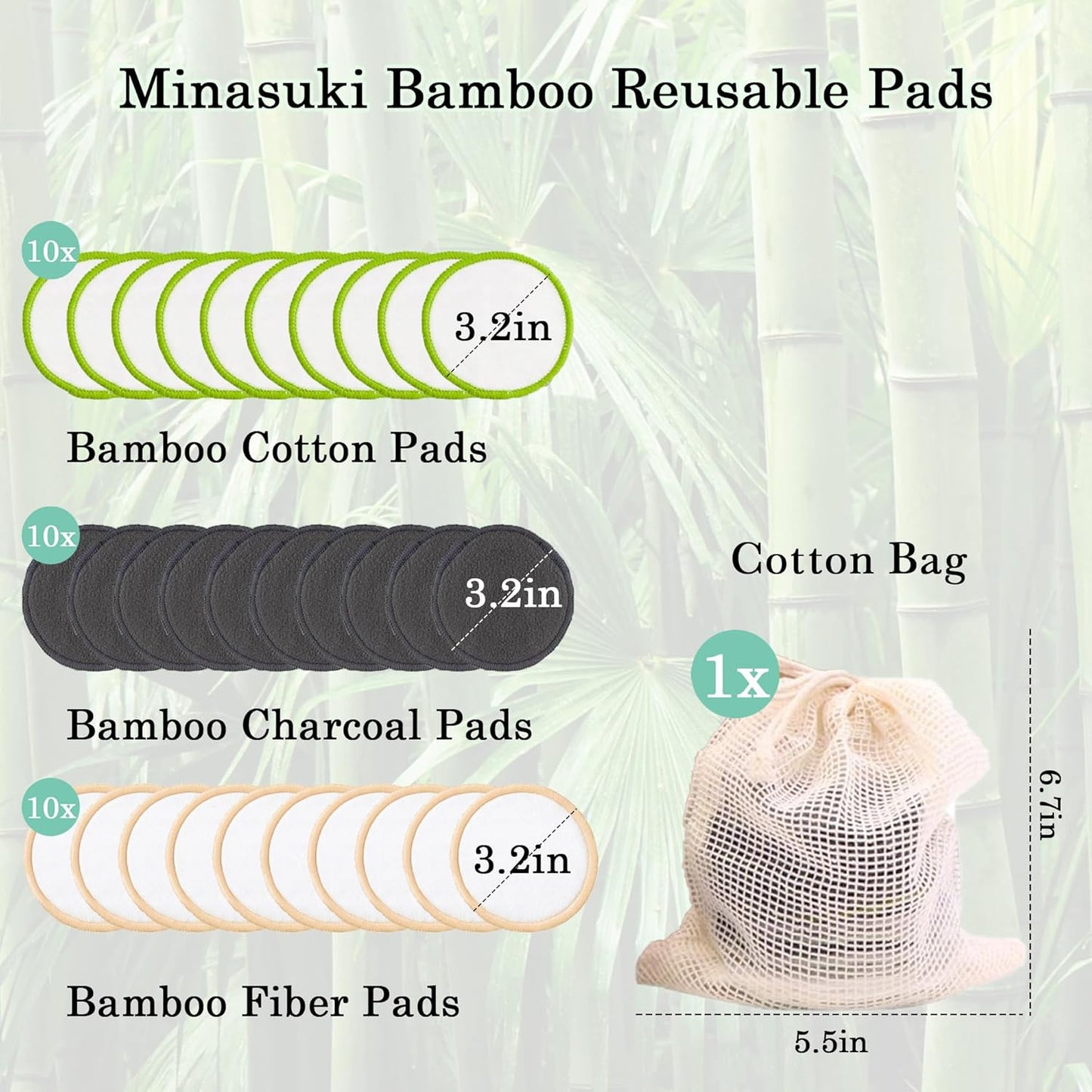 Reusable Makeup Remover Pads - 30 Packs Soft & Washable Bamboo Cotton Rounds, Reusable Face Pads for Skincare & Cleansing, Cotton Rounds with Mesh Bag for Storage