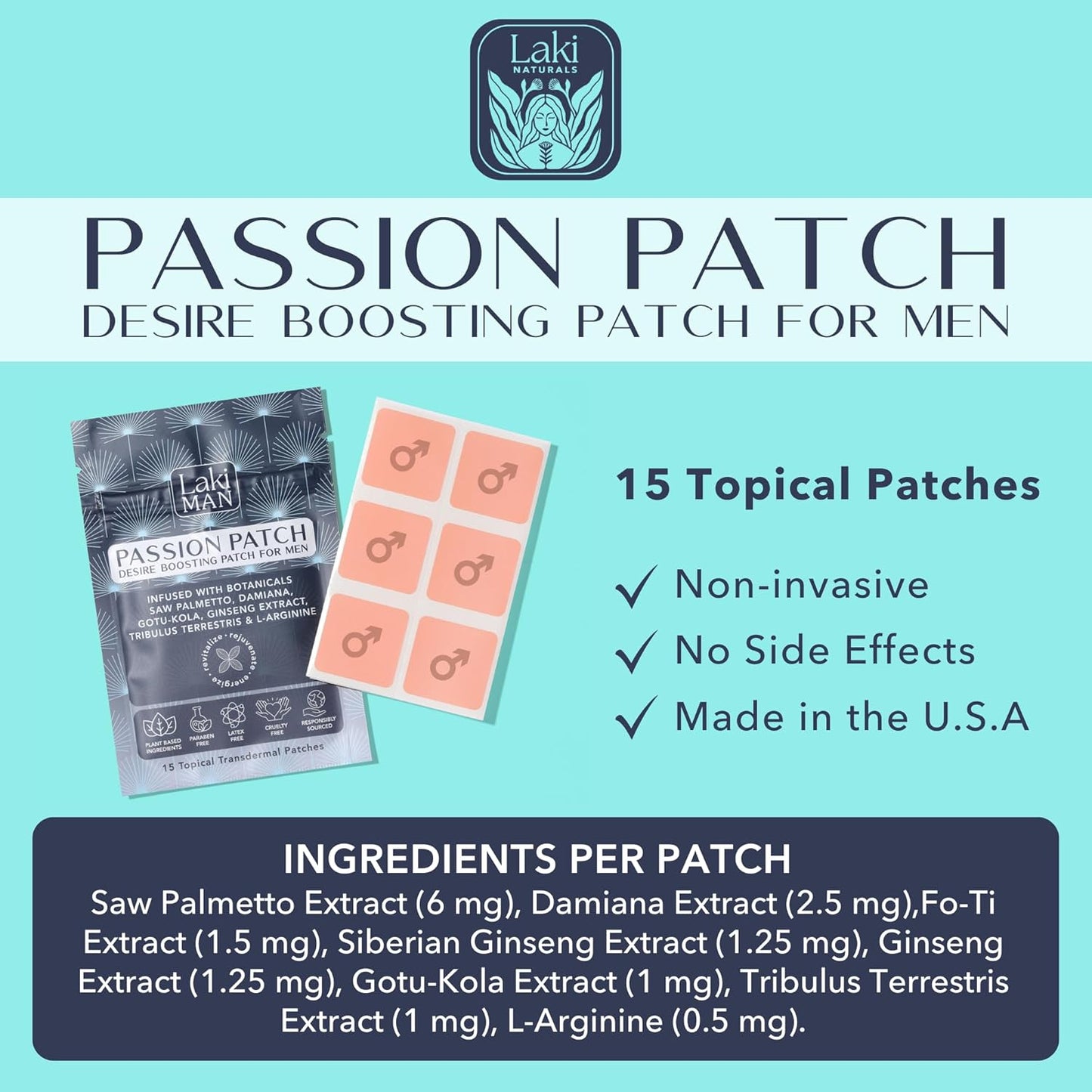 Laki Naturals Passion Patch for Men (Pack of 15) – Supports Circulation, Vitality, Vigour and Energy with Natural Ingredients – Non-Habit Forming, Time-Released Men’s Health Wellness Patches