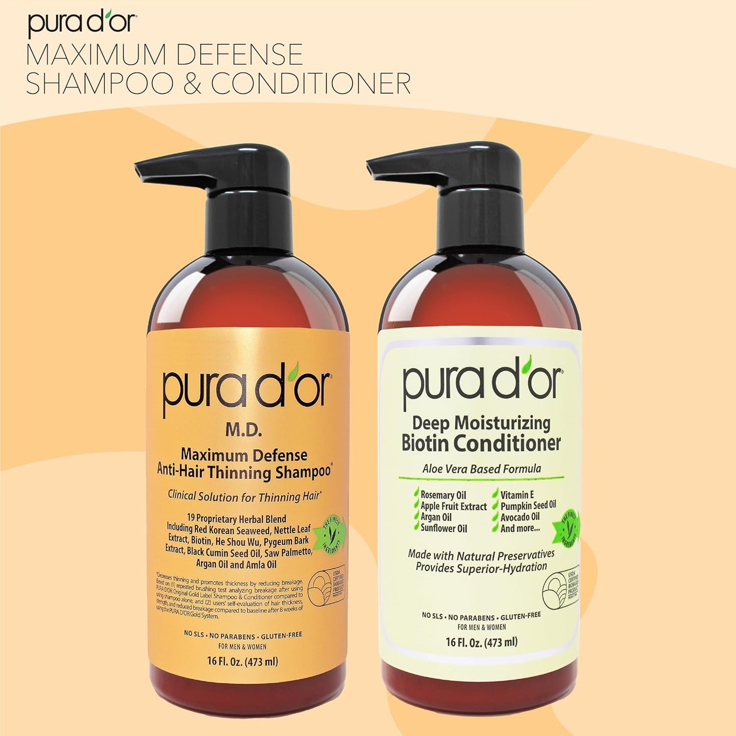 PURA D'OR MD Anti-Thinning Biotin Shampoo & Conditioner Set (16oz x2) Maximum Defense Coal-Tar Strong Scented Hebal Blend Hair Thickening Products For Women & Men, Daily Shampoo For Scalp Health