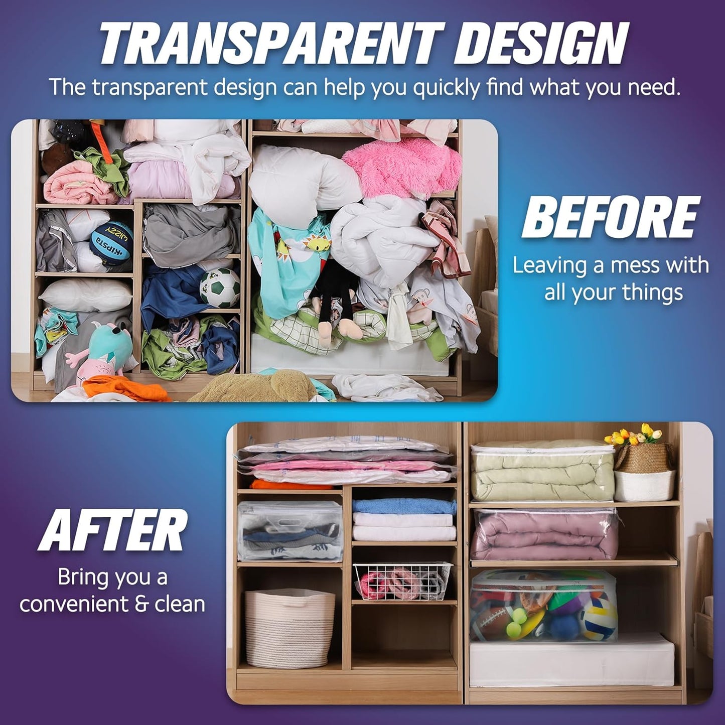 HIBAG 20 Gallon Large Storage Bag for Clothes, Zipper Clothing Storage Bag, Clear Organizer with Reinforced Handles, for Comforters Blankets Pillows Bedding (2 Pack)