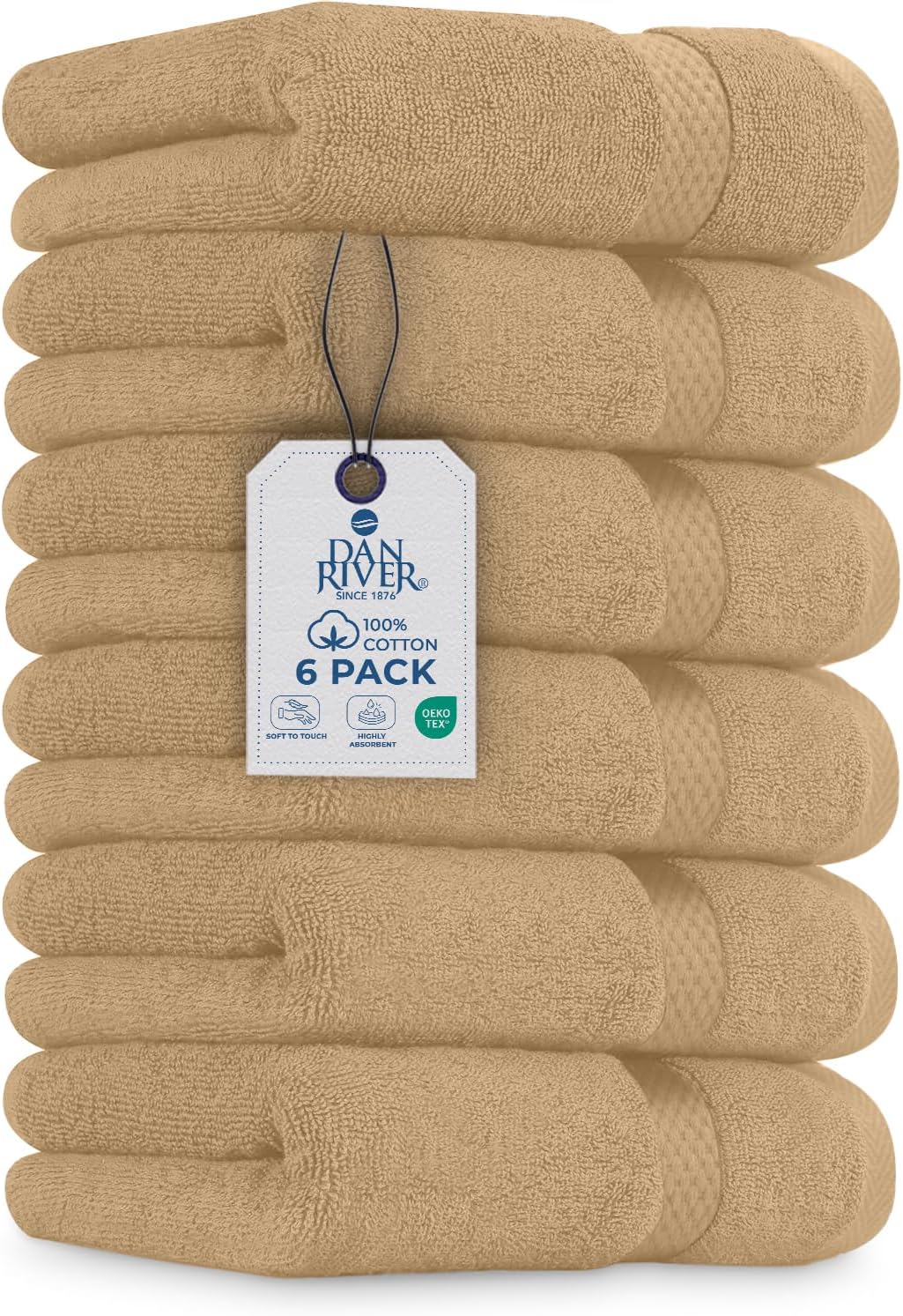 DAN RIVER 6-Pack Premium Hand Towels (16x28 Inches) - 100% Cotton, Ultra Soft, Lightweight, Highly Absorbent Towels for Bathroom, Spa, Gym, Salon, Hotel, and Travel - 550 GSM โ Tan