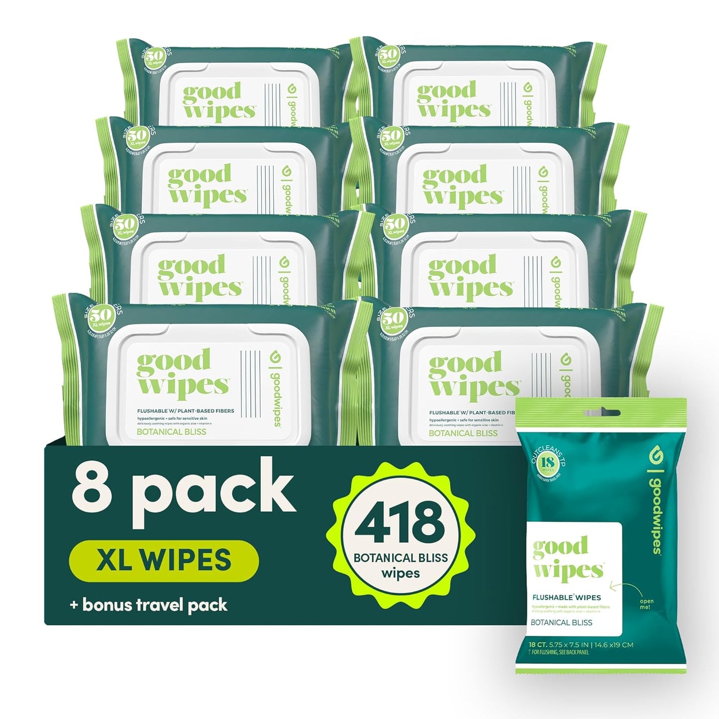 goodwipes Flushable Butt Wipes - Vitamin E & Aloe - Sewer & Septic Safe - Extra Large Adult Wet Wipes For Women & Men - Bathroom Essentials - Botanical Bliss, 418 Count (8 Packs + 1 Travel)