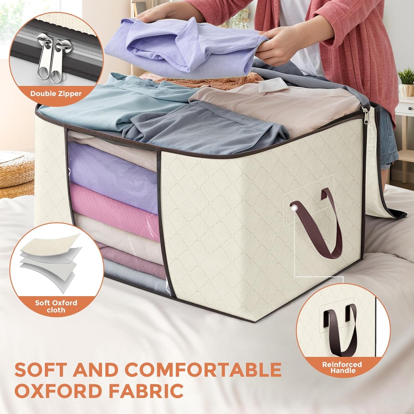 90 L Large Storage Bags, 6 Pack Clothes Storage Bins Foldable Closet Organizers Storage Containers with Reinforced Handle for Clothing, Blanket, Comforters, Bed Sheets, Pillows and Toys (Beige)