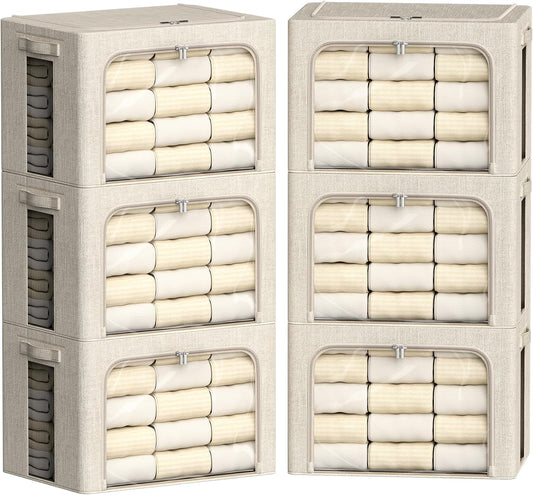 FHSQX 6 Pack Clothes Storage Bins with Metal Frame 100L Foldable Storage Bins for Clothes Linen Fabric Storage Box with Clear Window (Beige, 23.6x16.5x15.7inch(100L))