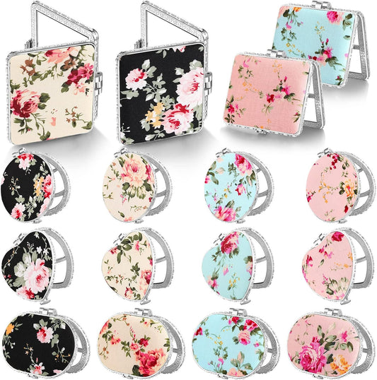 Blulu 16 Pcs Compact Mirrors for Purse Bulk Small Flower Pocket Mirror Vintage Portable Floral Folding Tea Party Favors Return Gifts for Women Christmas Birthday Wedding Makeup Travel(Silver Edge)