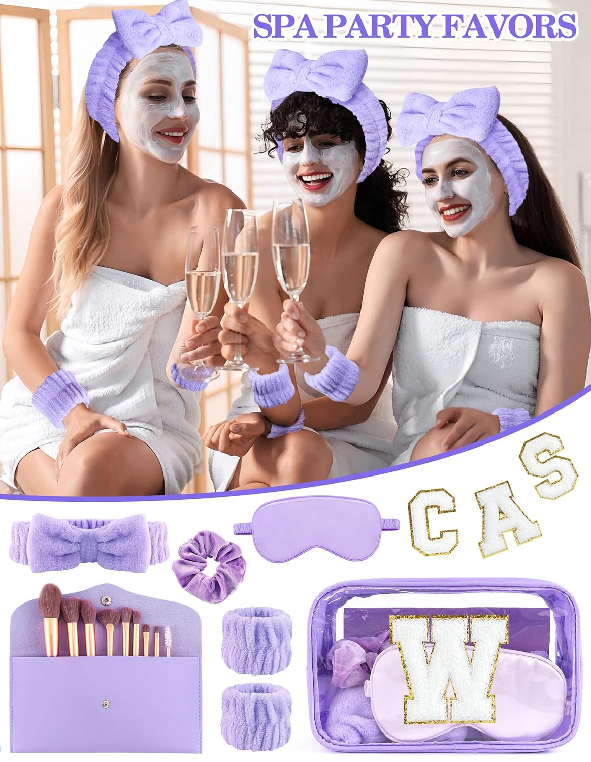 Gift Sets for Women, Initial Makeup Bag with Makeup Brush Set Bachelorette Party Favors, Purple Spa Kit with Skincare Headbands Wrist Bands Sleepover Party Supplies Gifts for Teen Girls Bridesmaid W