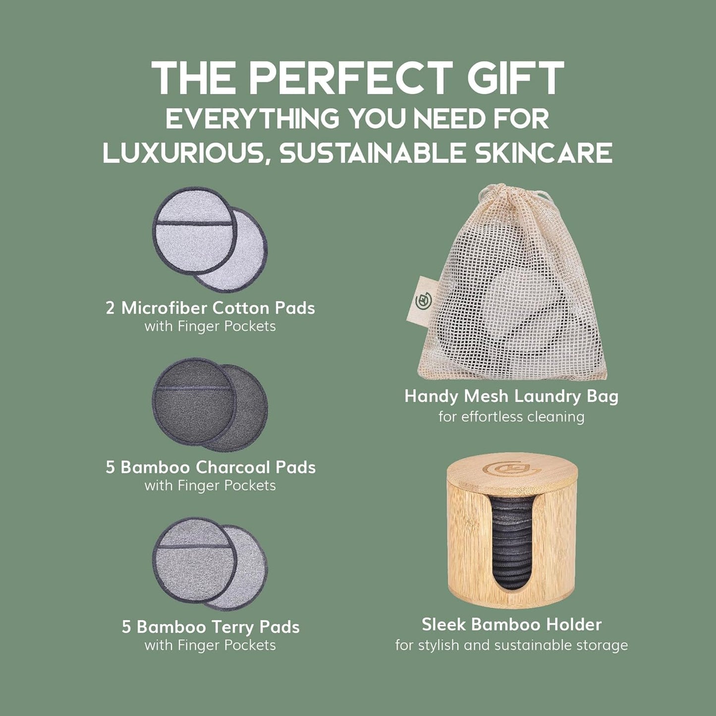 Greenzla Reusable Makeup Remover Pads Premium Set, 12 Pack Microfiber Cotton Pads, Charcoal Cotton Rounds, Bamboo Terry Face Wipes for All Skin Types with Mesh Laundry Bag and Bamboo Storage