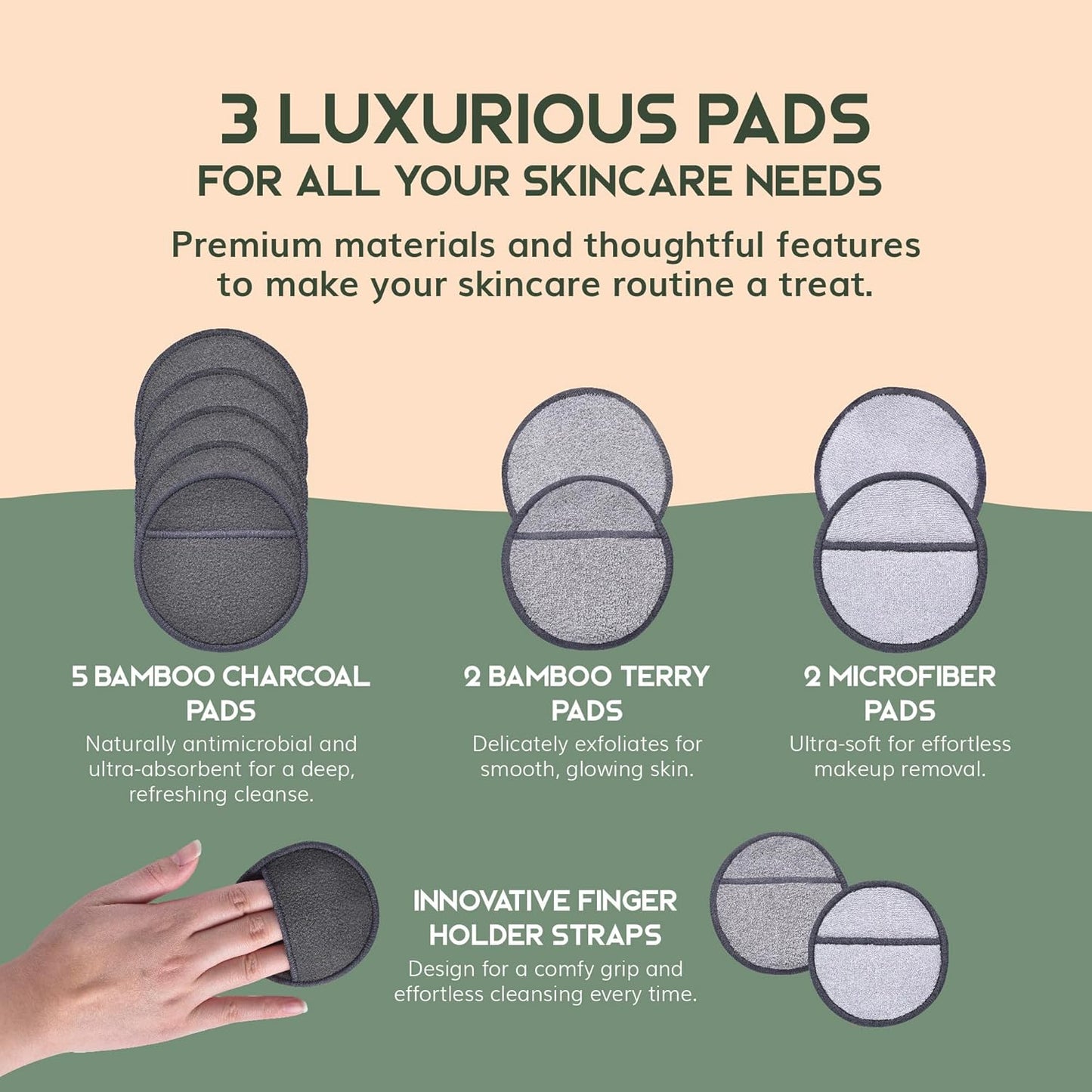 Greenzla Reusable Makeup Remover Pads Premium Set, 12 Pack Microfiber Cotton Pads, Charcoal Cotton Rounds, Bamboo Terry Face Wipes for All Skin Types with Mesh Laundry Bag and Bamboo Storage