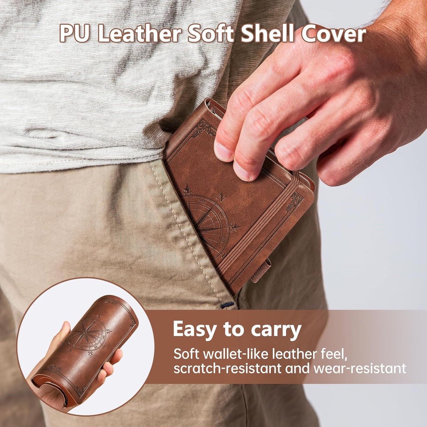 AHGXG Small Blank Pocket Journal Notebook for Men - 256 Numbered Pages B6 Mini Journal, Vintage Soft Leather Hardcover, 80gsm Paper, for Women Work Office School, 4.1'' X 5.7''- Brown