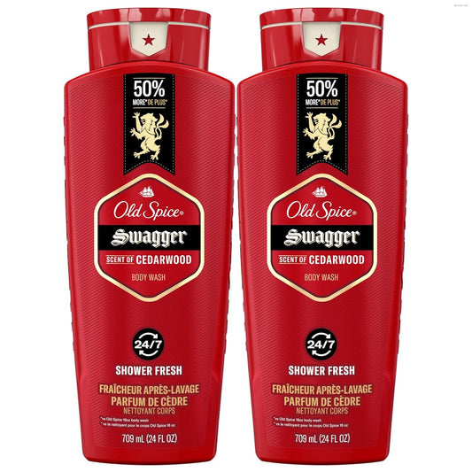 Old Spice Refreshing Body Wash for Men, 3X Defense, 24/7 Shower Fresh with Long Lasting Scent, Red Collection, Swagger with Cedarwood Scent, 24 oz (Pack of 2)