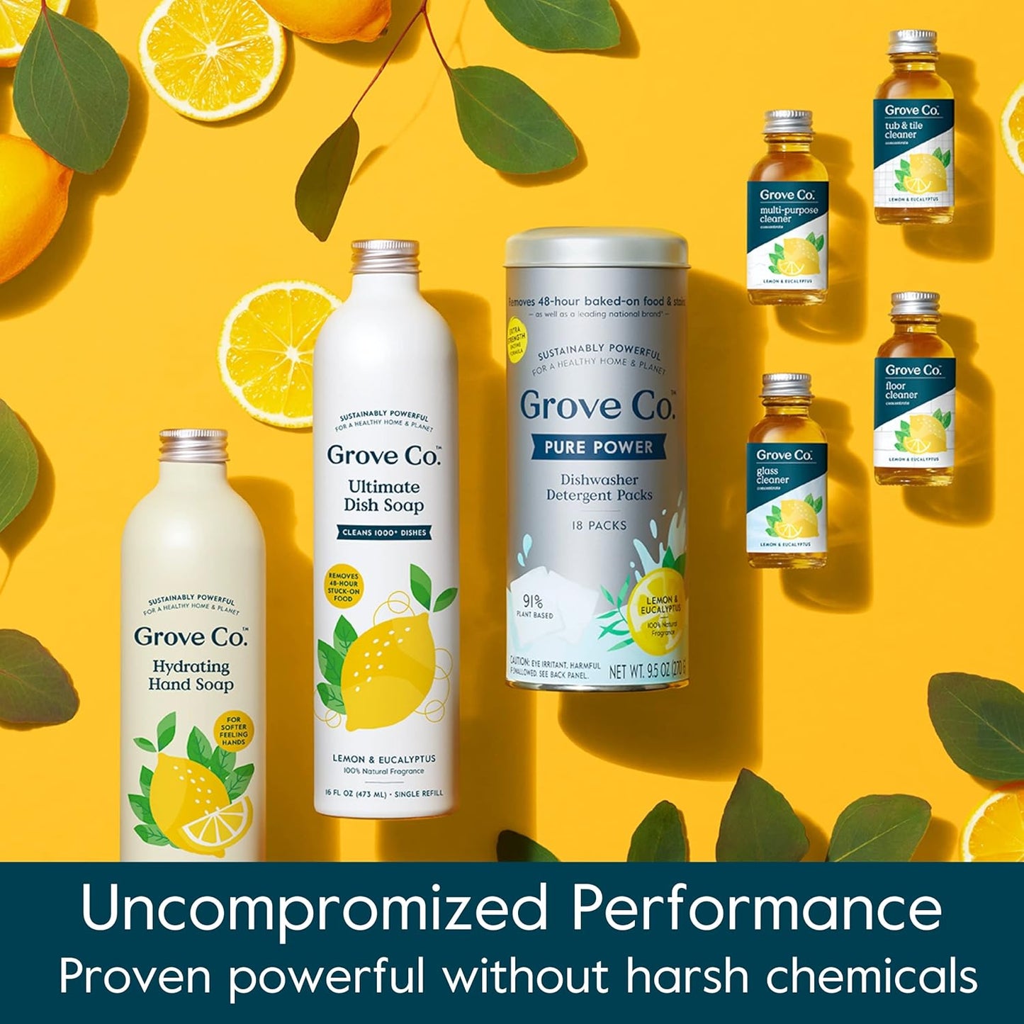 Grove Co. Foaming Hand Soap Concentrate (12 Fl Oz) + Reuseable Glass Soap Dispenser, Plastic Free and Liquid Refillable Starter Kit, Natural Lemon & Eucalyptus Fragrance