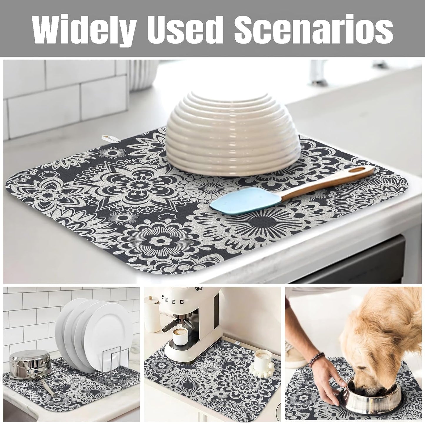 Dish Drying Mat for Kitchen Counter Large 18" x 24" Mandala Absorbent Microfiber Dishes Drainer Rack Mats Pad Reusable Washable