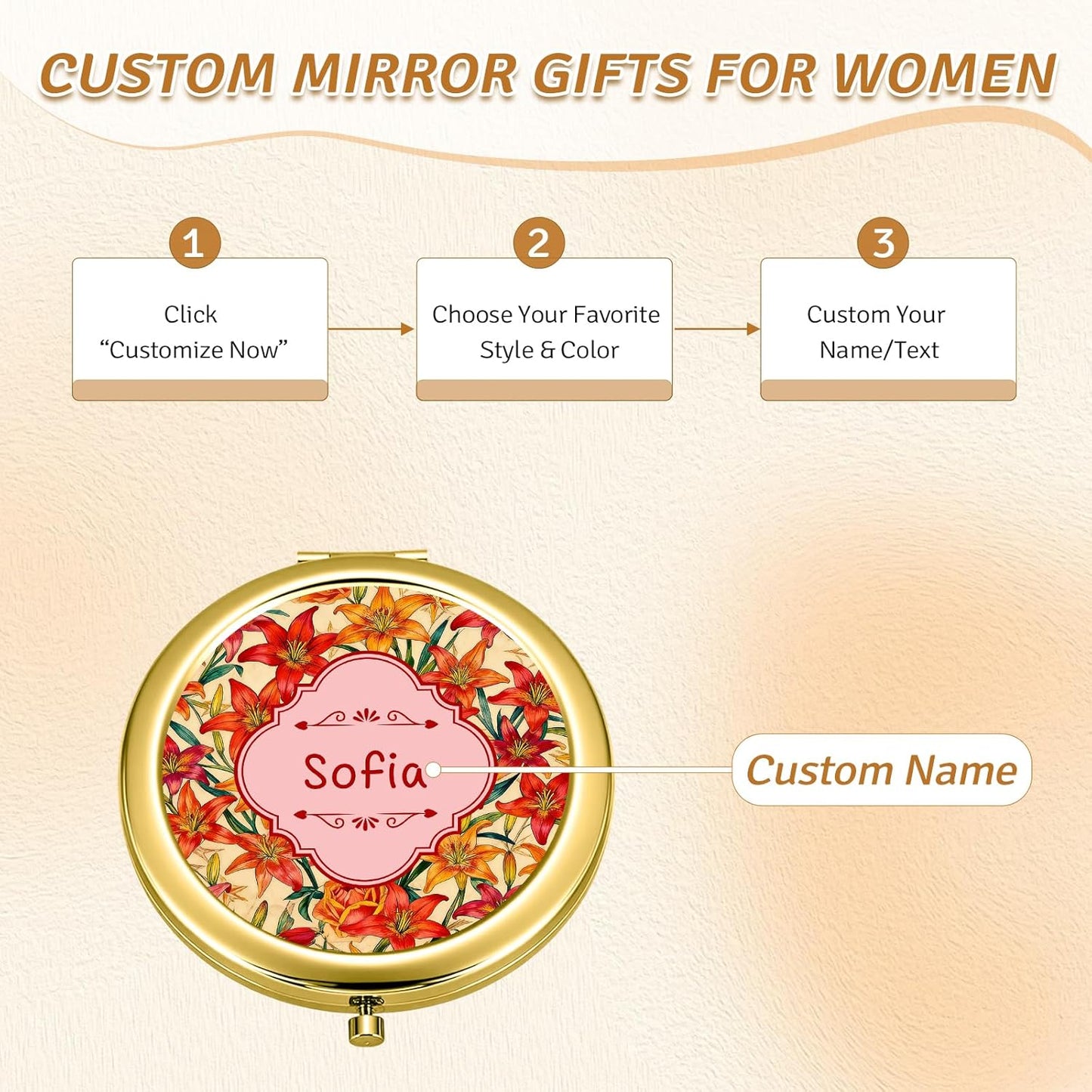 Custom Compact Mirror with Name - Personalized Flip Makeup Travel Pocket Mirror Gift for Women Bridesmaids Wedding Birthday (Romantic Flower)