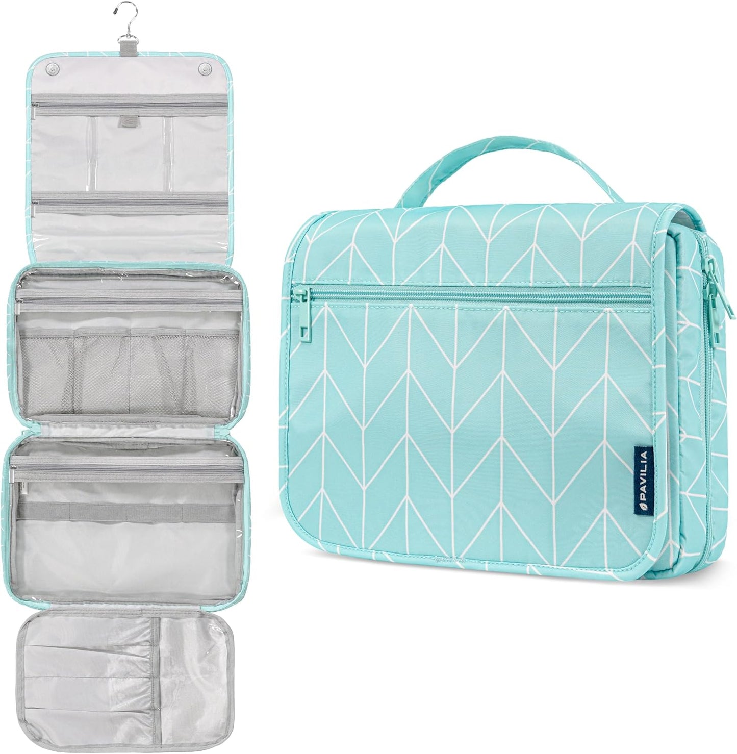 PAVILIA Hanging Toiletry Bag Women Men, Foldable Cosmetic Organizer Travel Bag, Water Resistant Makeup Bag Toiletries, Large Travel Essentials Kit (Teal Chevron)
