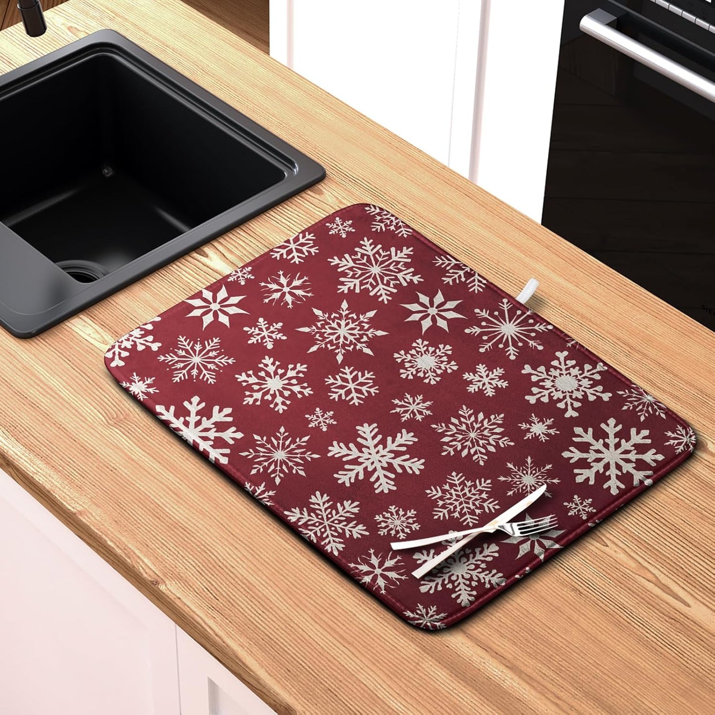 Christmas Snowflakes Dish Drying Mat for Kitchen Counter 16x18 Inch Red White Winter Xmas Pattern Dish Drying Pad for Dishes Microfiber Absorbent Dish Drainer Rack Mats for Countertop