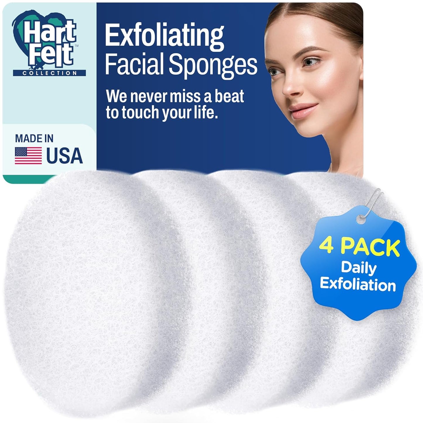 HartFelt Round Face Scrubber for Women | Reusable Facial Sponges for Daily Cleansing | Facial Exfoliating Pads for Removing Dead Skin, Dirt & Makeup | Use with Favorite Cream | Made in USA - 4 Count
