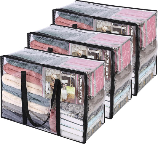 Vieshful 3 Pack Clear Clothes Storage Bag, 40L Plastic Blanket Storage Bag with Zipper, Foldable Closet Organizer, Moving bags for Comforter, Blanket, Bedding, Duvet, Toys