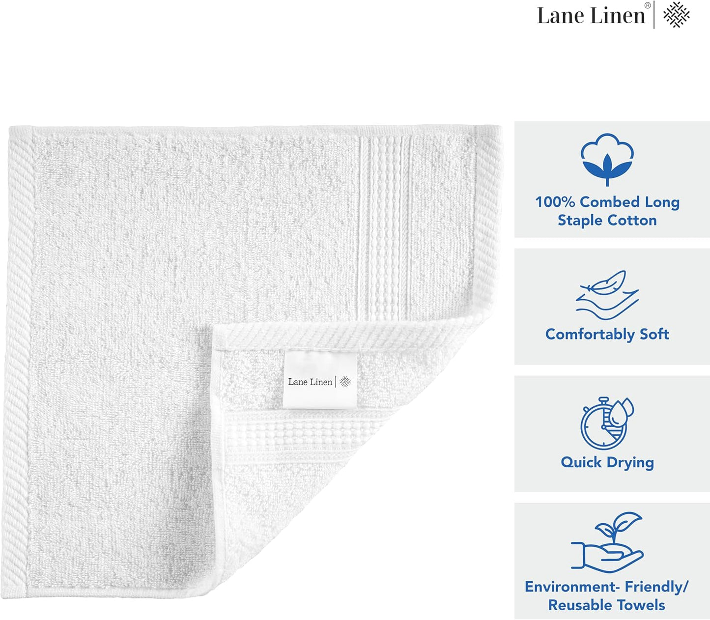 LANE LINEN 100% Cotton Washcloths 24 Pack - Spa & Salon Quality Face Towels - Ring Spun, Soft & Absorbent Wash Cloth Rags for Body, Beauty, Home, Gym - Fingertip Towels - 13"x13", White Washcloths