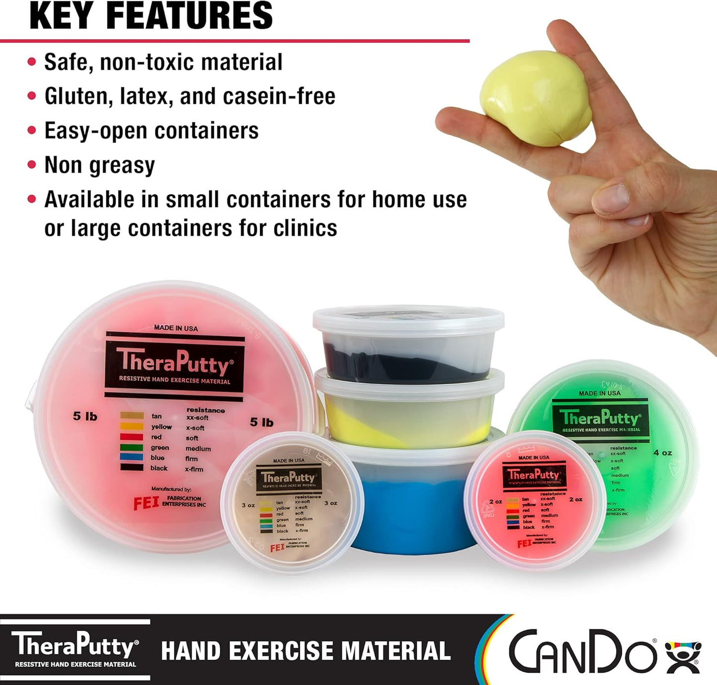 CanDo TheraPutty Standard Hand Exercise Putty For Rehabilitation, Exercises, Hand Therapy, Occupational Therapy, Hand Strengthening, Improve Motor Skills, Stress Relief, Yellow: X-Soft, 6 oz